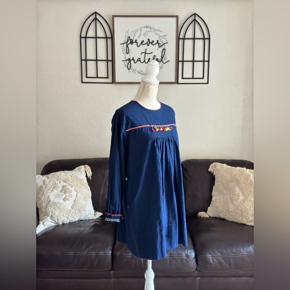 Pero 100% Cotton Tunic Dress In Navy Blue Designer Size 38 Handmade In India - Picture 10 of 16